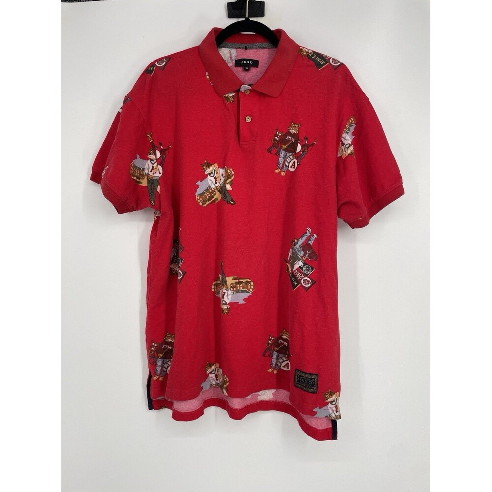 AKOO King Academy Red All Over Graphic Polo Shirt Mens XXL Hip Hop Streetwear